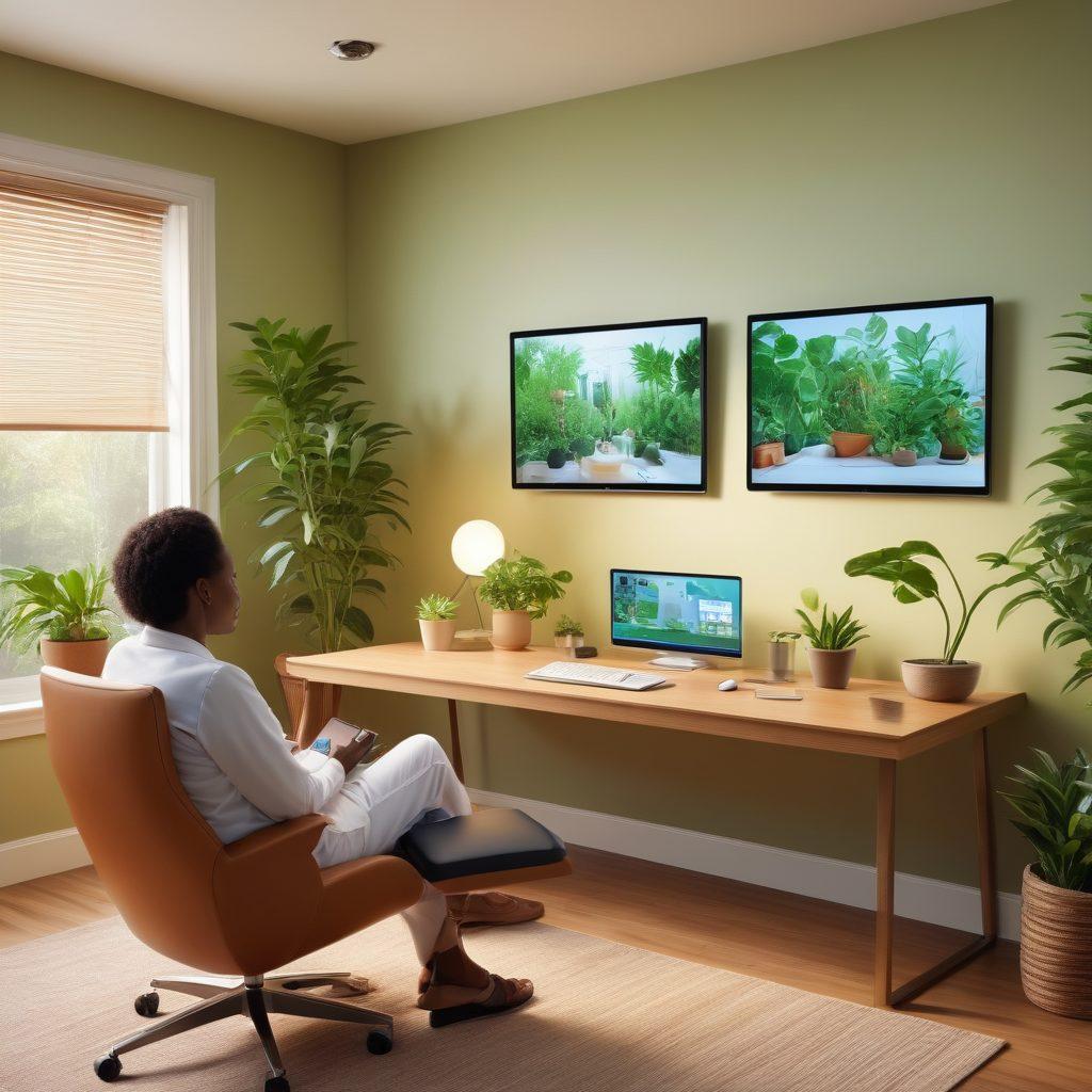 A serene, modern home office scene where a diverse group of patients engage in virtual consultations with a warm, professional healthcare provider on a screen. Elements of holistic health like plants, wellness books, and calming colors promote a soothing atmosphere, blending technology with tranquility. Include vibrant visuals of digital health tools like wearables and apps. super-realistic. vibrant colors. cozy ambiance.