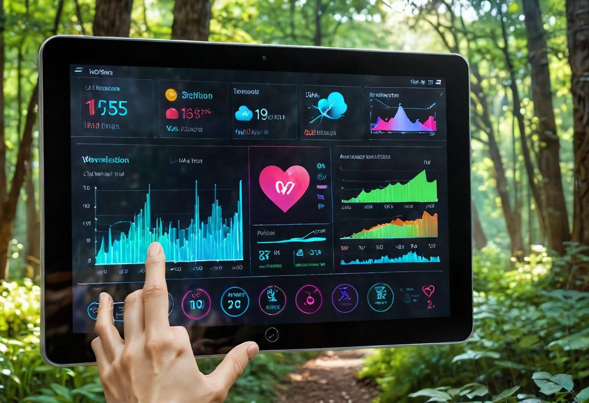 A futuristic personal health management dashboard displaying vibrant data metrics such as heart rate, sleep patterns, and nutrition intake on a sleek augmented reality screen. A user, surrounded by tranquil nature, interacts with the holographic interface, with icons representing different wellness apps floating around them. The atmosphere exudes a sense of empowerment and harmony between technology and nature. super-realistic. vibrant colors. 3D.