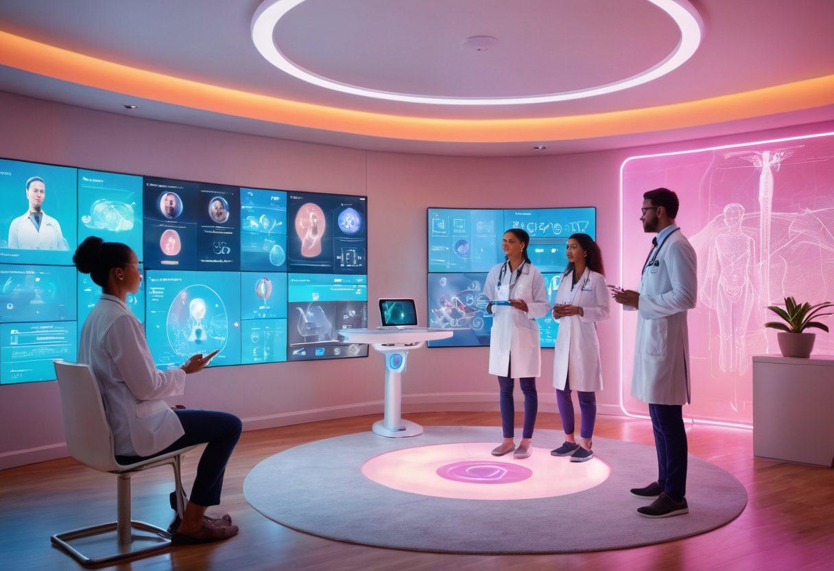 A futuristic telehealth scene, showcasing a diverse group of patients engaging in virtual consultations with holographic doctors, surrounded by digital wellness tools like fitness trackers and health apps. Soft glowing screens and vibrant holograms illuminate the room, portraying a blend of technology and care. The atmosphere should convey empowerment and accessibility in health solutions. ultra-modern, vibrant colors, digital art.